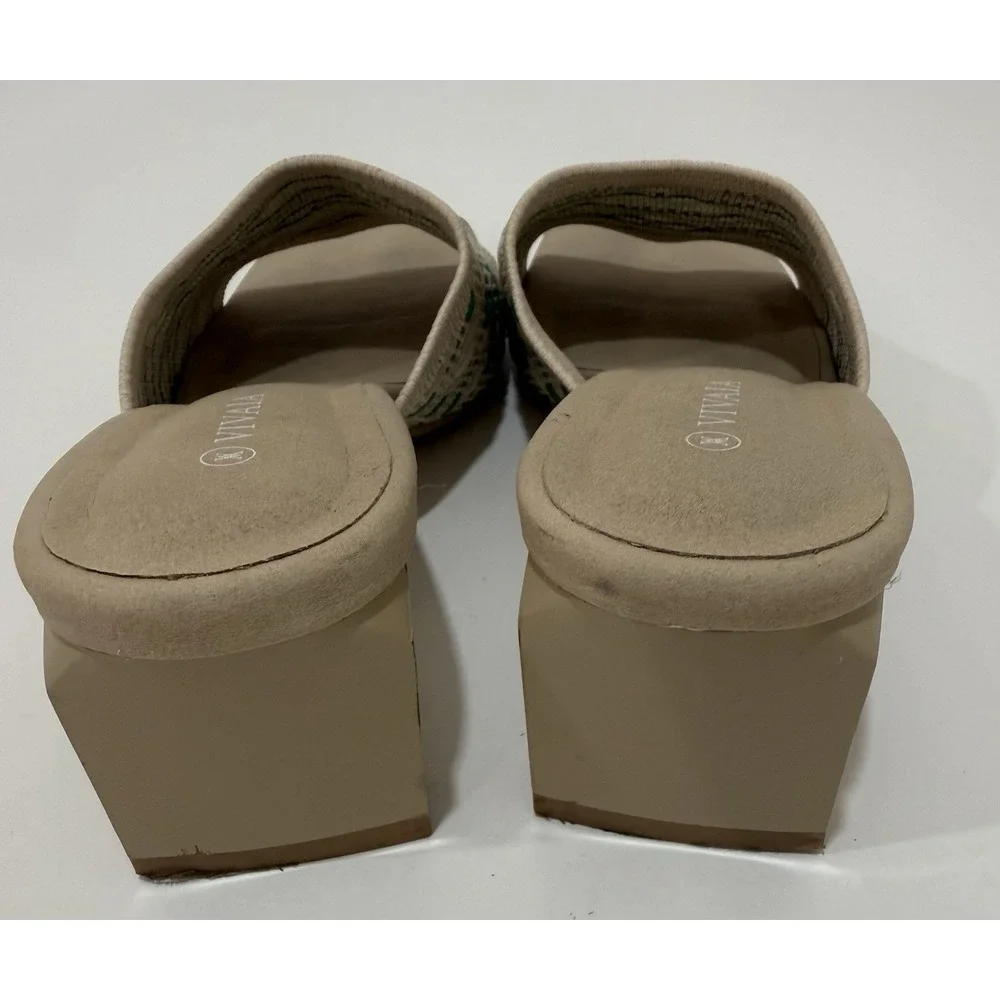 Vivaia Juliet Pro Sandals Beige/Green Square Toe Block Heel Womens EU‎ 38 US 7